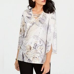 JM COLLECTION gray tan floral 3/4 sleeve sequined beaded party tunic length top